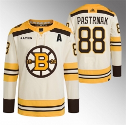 Men Boston Bruins 88 David Pastrnak Cream With Rapid7 Patch 100th Anniversary Stitched Jersey