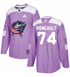 Mens Adidas Columbus Blue Jackets 74 Sam Vigneault Authentic Purple Fights Cancer Practice NHL Jersey 