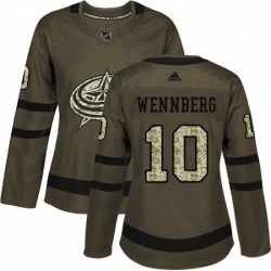 Womens Adidas Columbus Blue Jackets 10 Alexander Wennberg Authentic Green Salute to Service NHL Jersey 