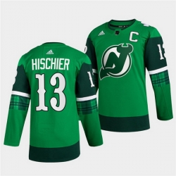 Men New jerseyy Devils 13 Nico Hischier Green Warm Up St Patricks Day Stitched jersey