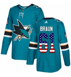 Mens Adidas San Jose Sharks 61 Justin Braun Authentic Teal Green USA Flag Fashion NHL Jersey 