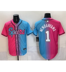 Men San Antonio Spurs  1 Victor Wembanyama Pink Blue Limited Stitched Baseball Jersey