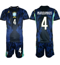 Youth Brazil 2026 FIFA World Cup Blue Away Soccer Jersey MARQUINHOS #4 Youth Brazil 2026 FIFA World Cup Blue Away Soccer Jersey MARQUINHOS #4