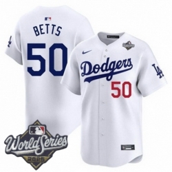 Men Los Angeles Dodgers 50 Mookie Betts 2025 World Series Cool Base Stitched Baseball Jersey White Men Los Angeles Dodgers 50 Mookie Betts 2025 World Series Cool Base Stitched Baseball Jersey White