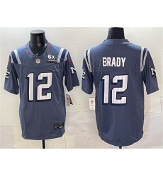Men New England Patriots 12 Tom Brady Storm Blue 2025 F U S E  With 6x Super Bowl Champions Patch  Rivalries Vapor Limited Stitched Football Jersey