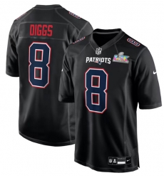 Men New England Patriots 8 Stefon Diggs Black 2025 Super Bowl LX Patch Carbon Fashion Stitched Game Jersey Men New England Patriots 8 Stefon Diggs Black 2025 Super Bowl LX Patch Carbon Fashion Stitched Game Jersey