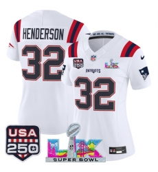 Women New England Patriots 32 TreVeyon Henderson White 2025 F U S E  Super Bowl LX Patch And USA 250 27 Patch Vapor Limited Football Stitched Jersey 
