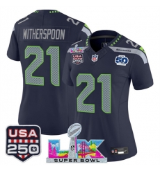 Women Seattle Seahawks 21 Devon Witherspoon Navy 2025 F U S E  Super Bowl LX Patch And 50th Season  26 USA 250 27 Patch Vapor Limited Football Stitched Jer