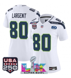 Women Seattle Seahawks 80 Steve Largent White 2025 F U S E  Super Bowl LX Patch And 50th Season  26 USA 250 27 Patch Vapor Limited Football Stitched Jersey