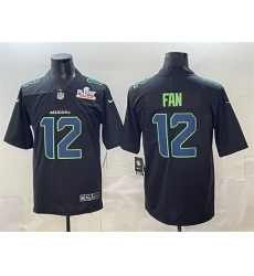 Men Seattle Seahawks 12 Fan Black 2025 Super Bowl LX Patch Carbon Fashion Vapor Untouchable Limited Stitched Football Jersey Men Seattle Seahawks 12 Fan Black 2025 Super Bowl LX Patch Carbon Fashion Vapor Untouchable Limited Stitched Football Jersey