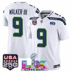 Men Seattle Seahawks 9 Kenneth Walker III White 2025 F U S E  Super Bowl LX Patch And 50th Season  USA 250 Patch Vapor Limited Football Stitched Jersey
