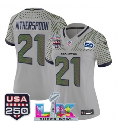 Women Seattle Seahawks 21 Devon Witherspoon Gray 2025 F U S E Super Bowl LX US 250th anniversary Patch And 50th Season Patch Rivalries Vapor Limited Footb Women Seattle Seahawks 21 Devon Witherspoon Gray 2025 F U S E Super Bowl LX US 250th anniversary Patch And 50th Season Patch Rivalries Vapor Limited Footb
