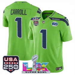 Youth Seattle Seahawks 1 Pete Carroll Green 2025 F U S E  Super Bowl LX Patch And 50th Season  USA 250 Patch Vapor Limited Stitched Football Jersey