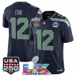 Youth Seattle Seahawks 12 Fan Navy 2025 F U S E  Super Bowl LX Patch And 50th Season Patch Vapor Limited Stitched Football Jersey