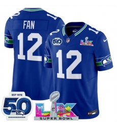 Youth Seattle Seahawks 12 Fan Royal 2025 F U S E  Super Bowl LX Patch And 50th Season Patch Vapor Throwback Limited Stitched Football Jersey
